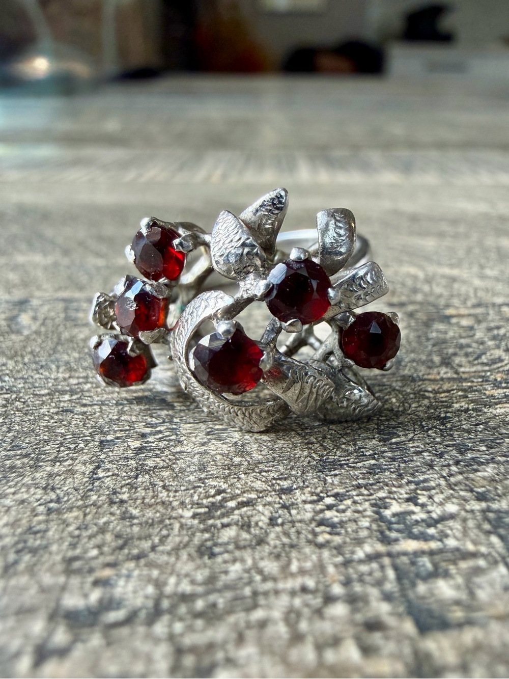 Vintage Garnet & Sterling Silver Cluster Ring